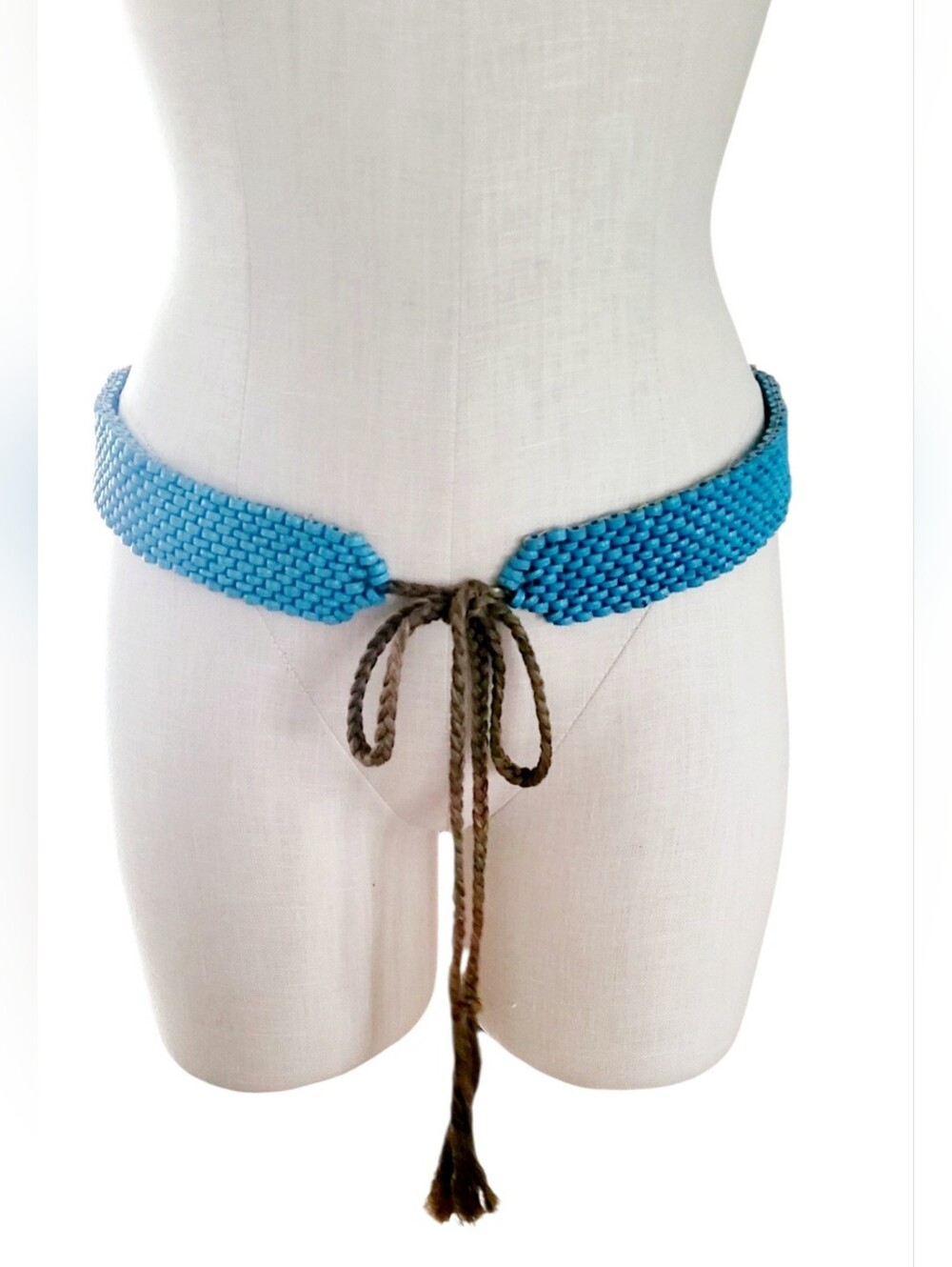 1960s Boho Style Turquoise Wooden Tube Beads Belt w/ Braided Cord Tie Closure